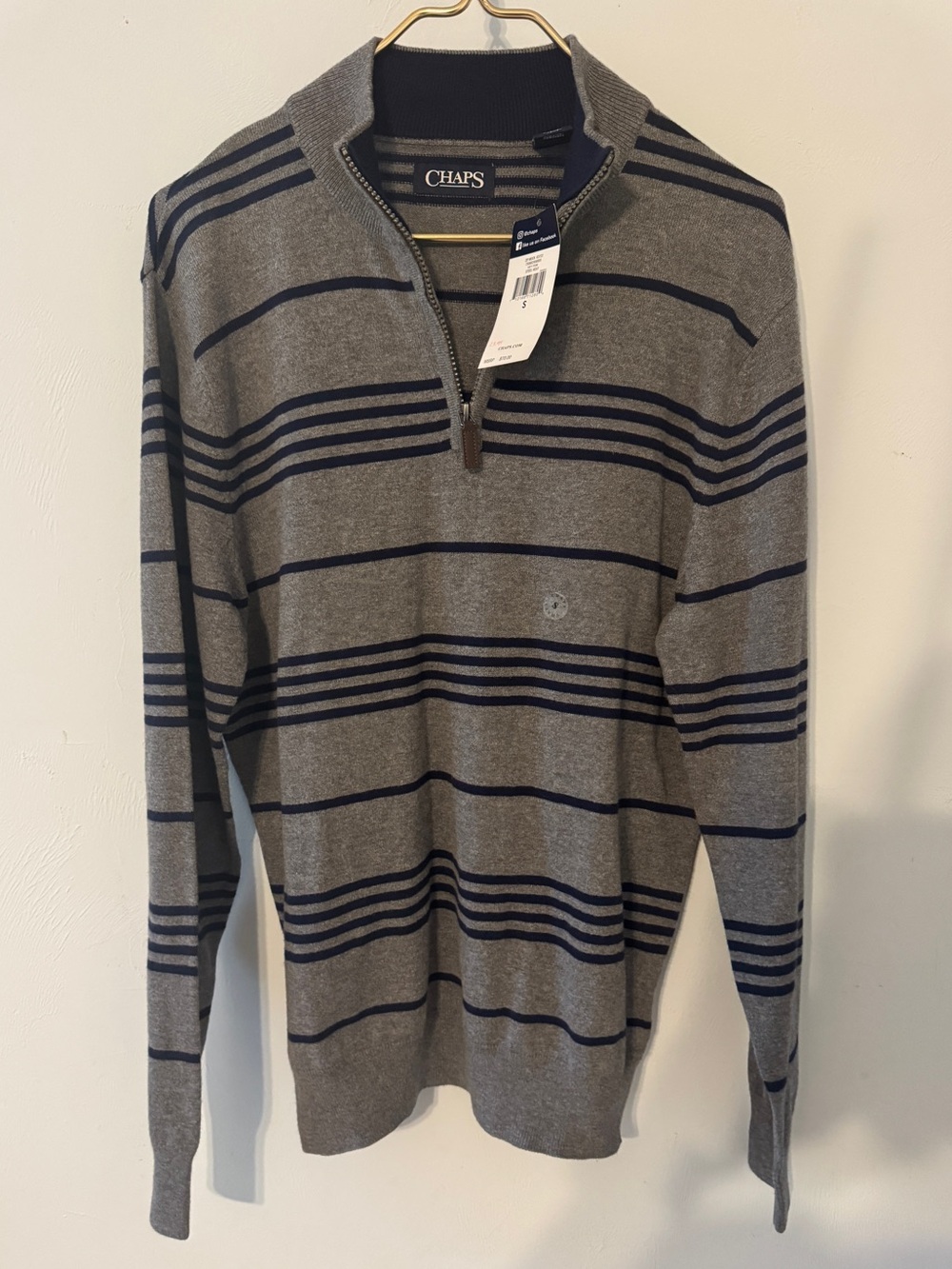 NWT Chaps Mens Small Quarter Zip Sweater Gray Navy Blue Striped Mock Neck Cotton